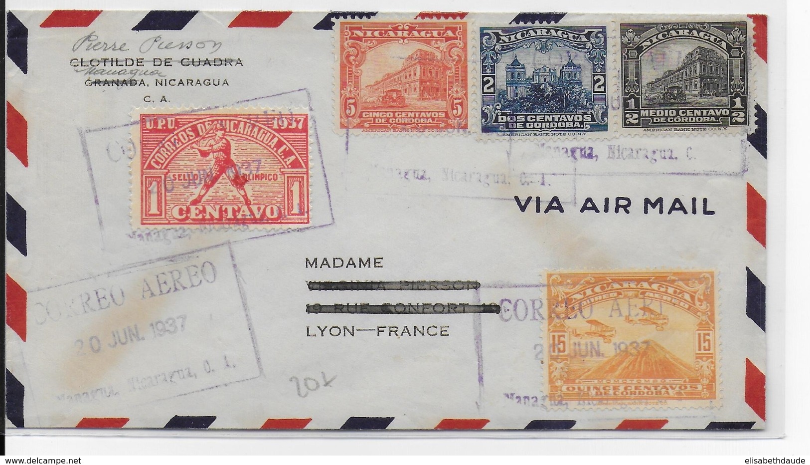 NICARAGUA - 1937 - ENVELOPPE Par AVION De MANAGUA Pour LYON - Nicaragua