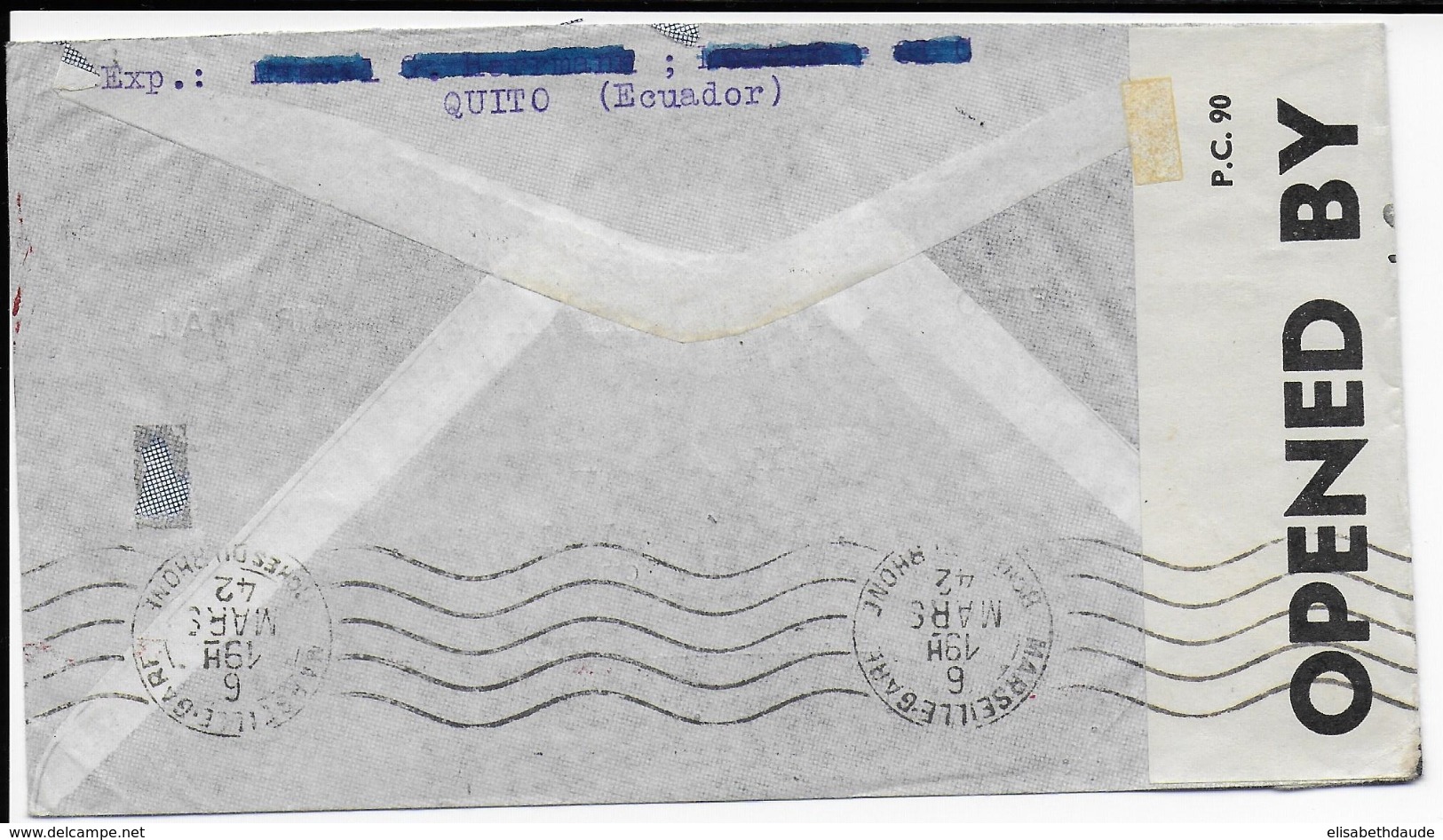 EQUATEUR - 1941 - ENVELOPPE Par AVION Avec CENSURE De QUITO Pour LYON - Equateur