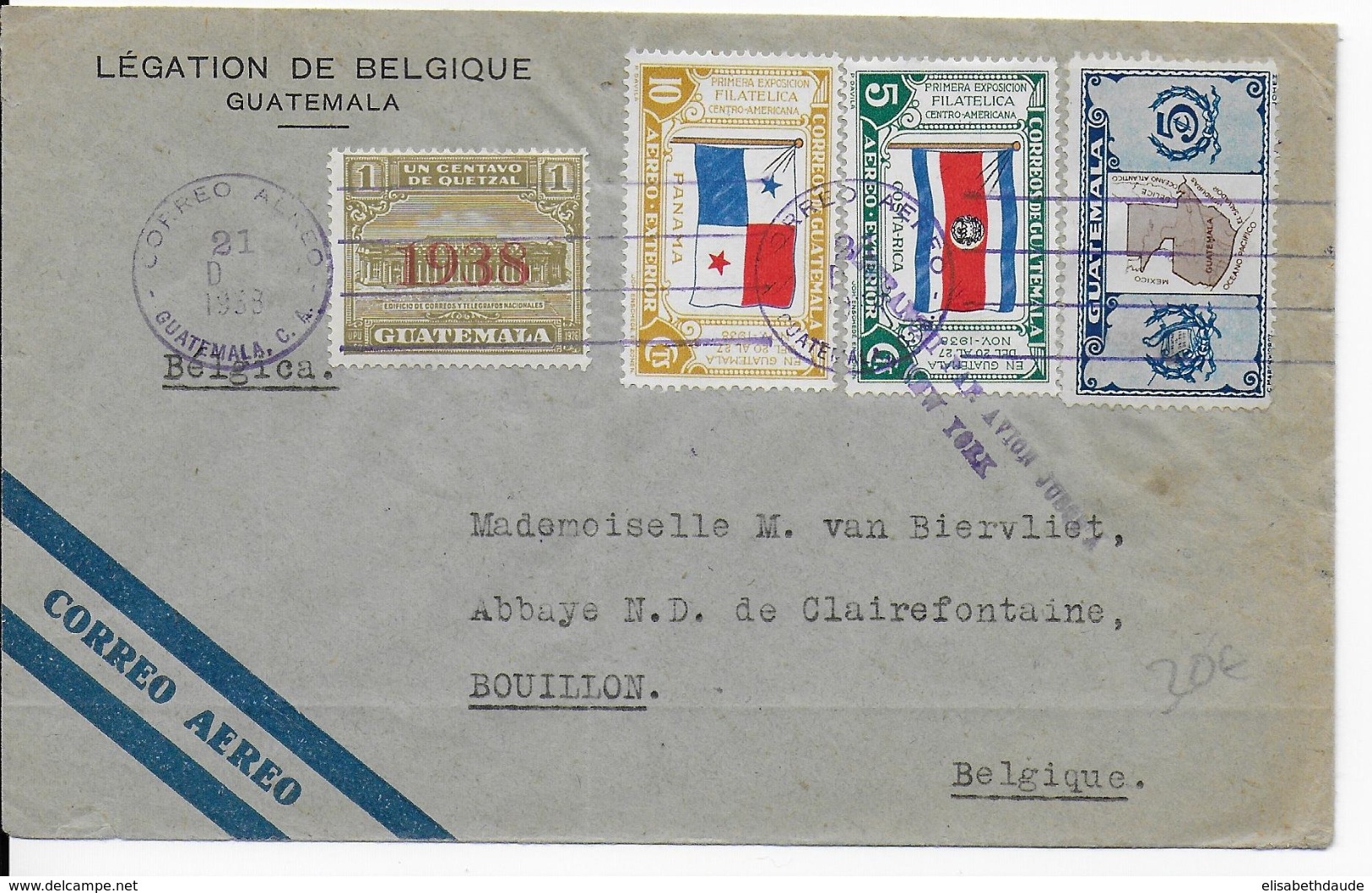 GUATEMALA - 1938 - ENVELOPPE Par AVION De La LEGATION De BELGIQUE Pour BOUILLON Par NEW YORK - VOIR AUSSI DOS - Covers & Documents