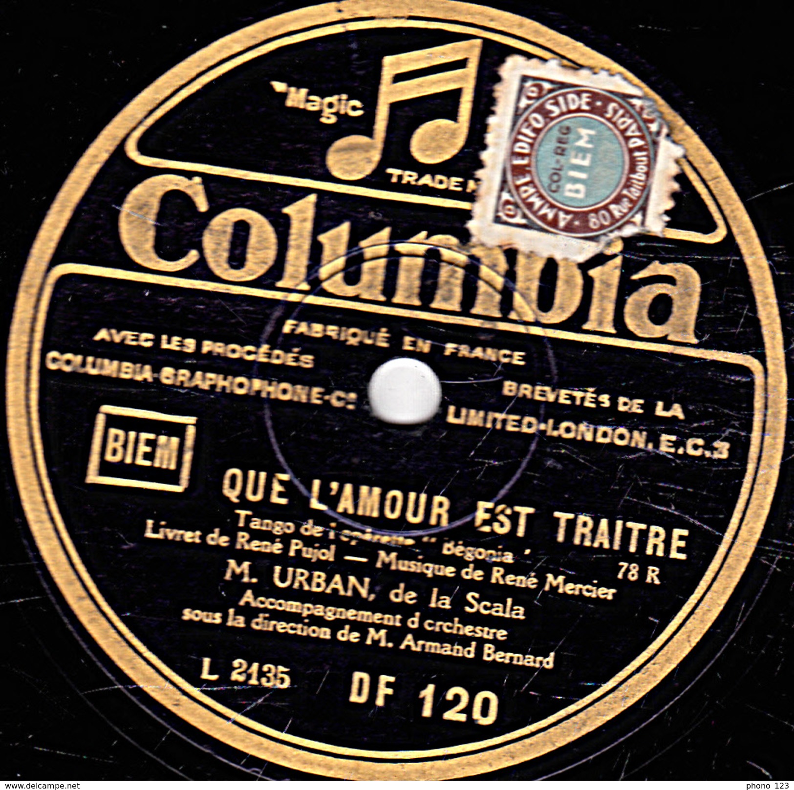 78 T. - 25 Cm - état B - URBAN - SIMPLEMENT - QUE L'AMOUR EST TRAITRE - 78 T - Disques Pour Gramophone