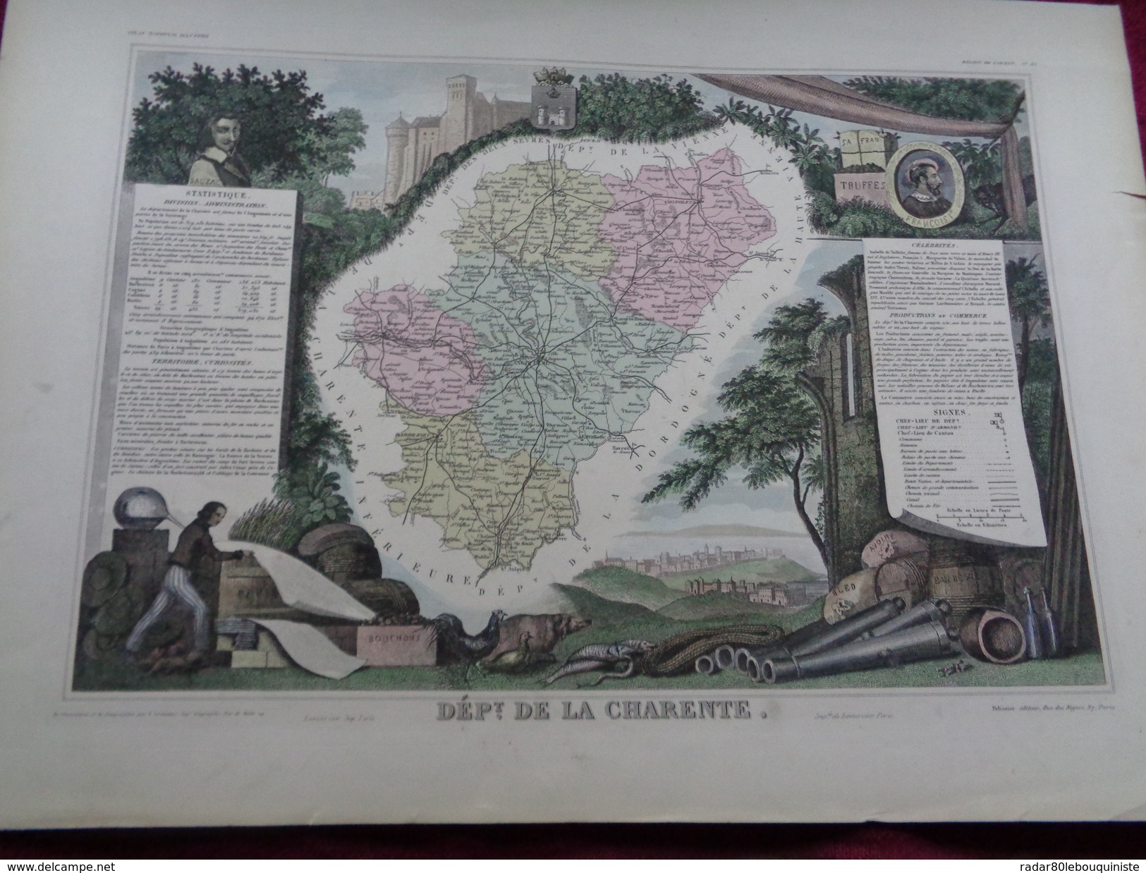 Carte Levasseur.Département De La Charente.planche 51,5 X 36,5 Cm.1869.rehaussée En Couleurs. - Cartes Géographiques