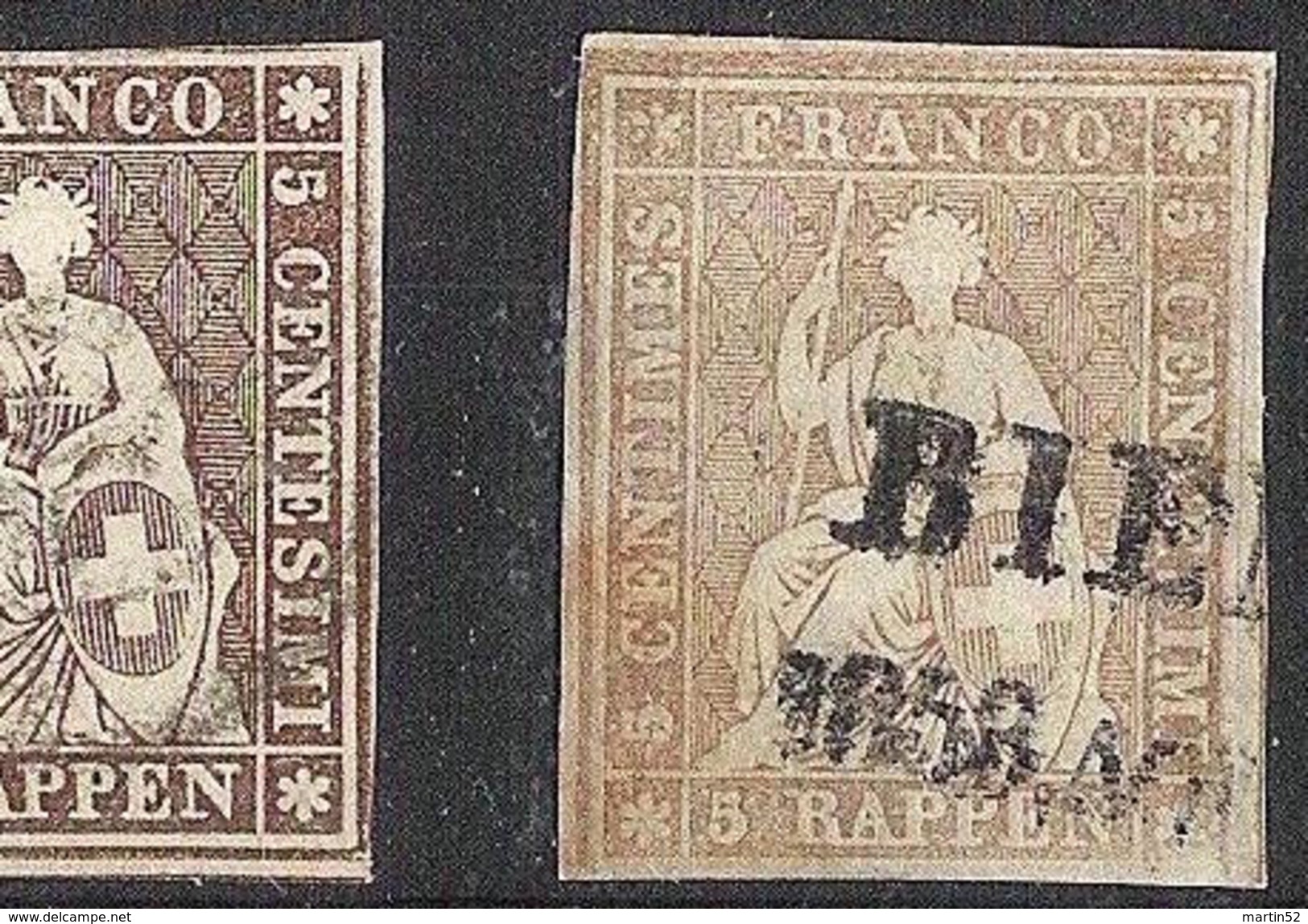 II.Periode- Faden Schwarz 1856: 5 RAPPEN Matt-braun Zu 22 Da Mi 13IIBys Mit Stab-o BIENNE 1858 (Zu-Spezial CHF 200.00) - Used Stamps