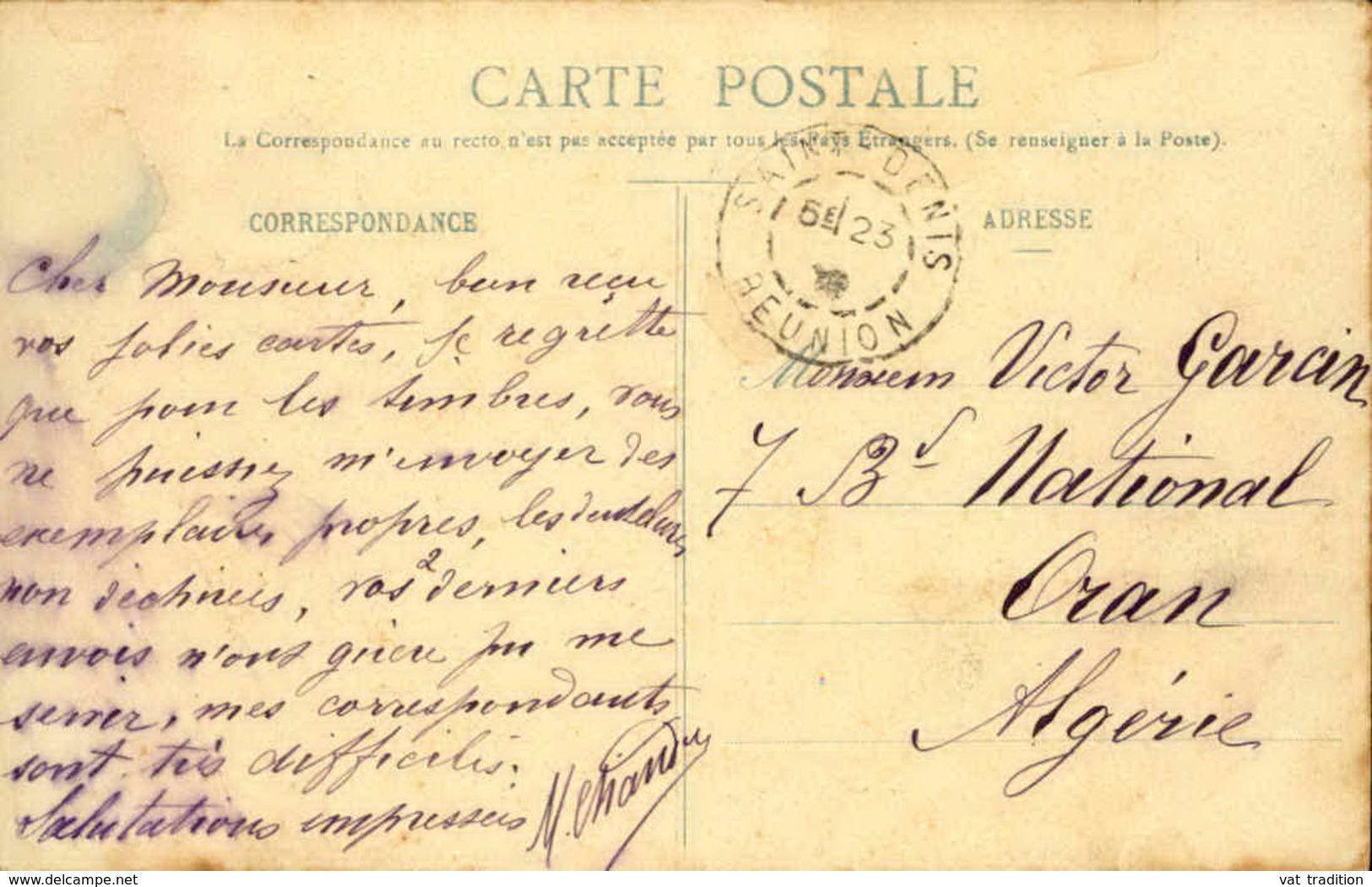 FRANCE / RÉUNION - Oblitération De Saint Denis Sur Carte Postale En 1909 Pour L 'Algérie - A Voir - L 5965 - Storia Postale