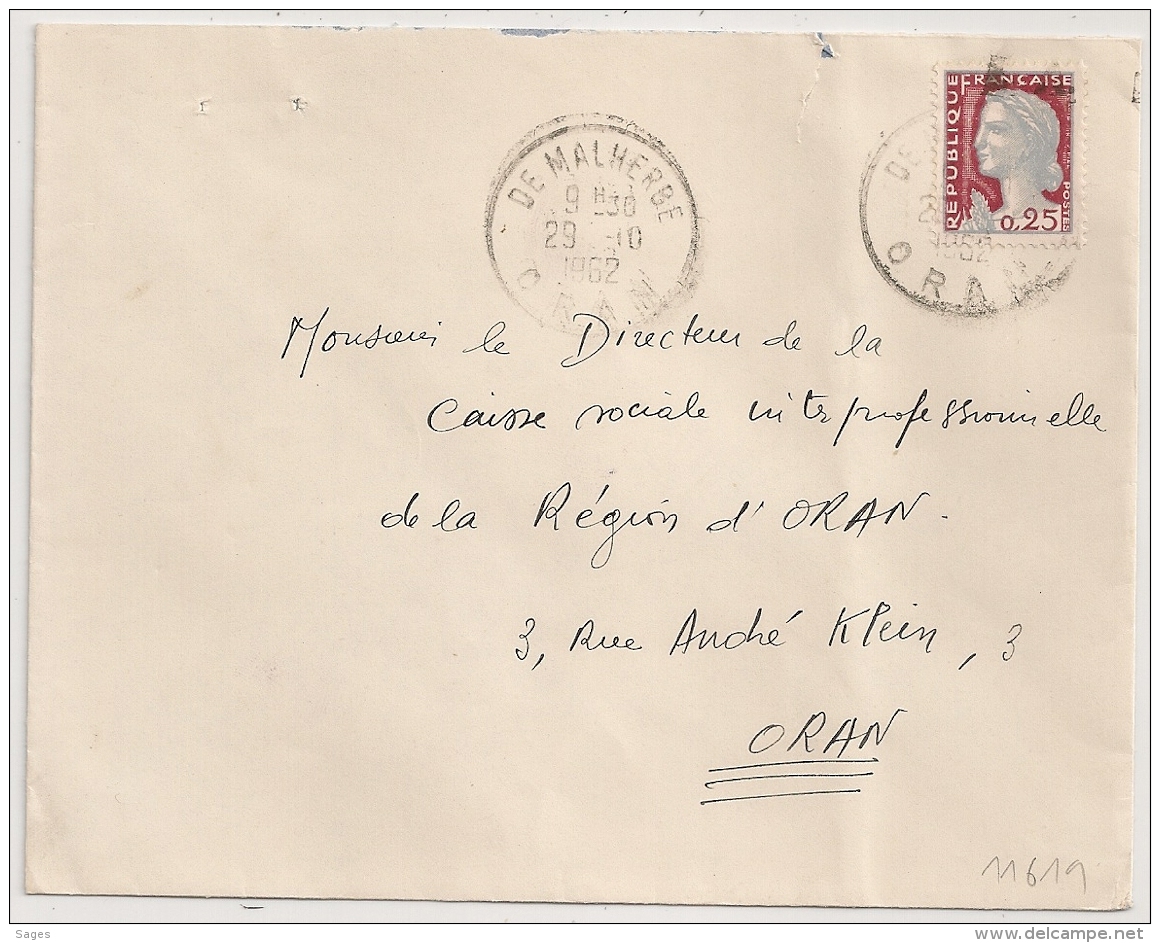 EA Faible Et Décalés Sur DECARIS, DE MALHERBE Oran Algérie. R.F. Non Barrée. Enveloppe Du 29 /10/1962. - Algérie (1962-...)