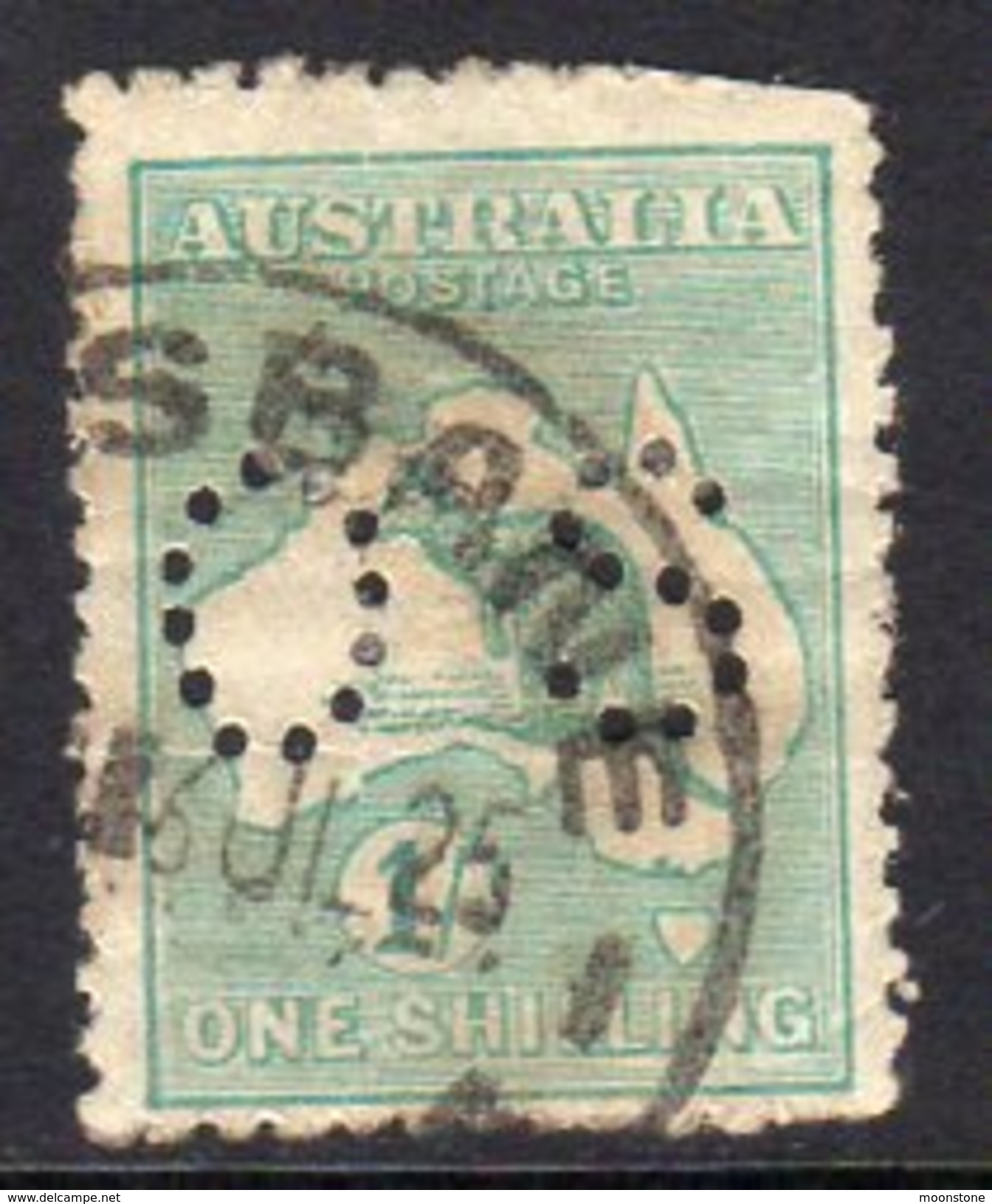 Australia 1915-28 1/- Blue-green 'Roo Official, Wmk. 6, Punctured OS, Used, Poor (SG O48) - Oficiales