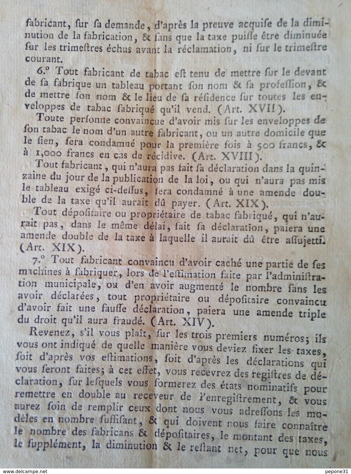 CAHORS 46/ DOCUMENT SUR TAXE SUR LE TABAC EN L AN 7 - Documents