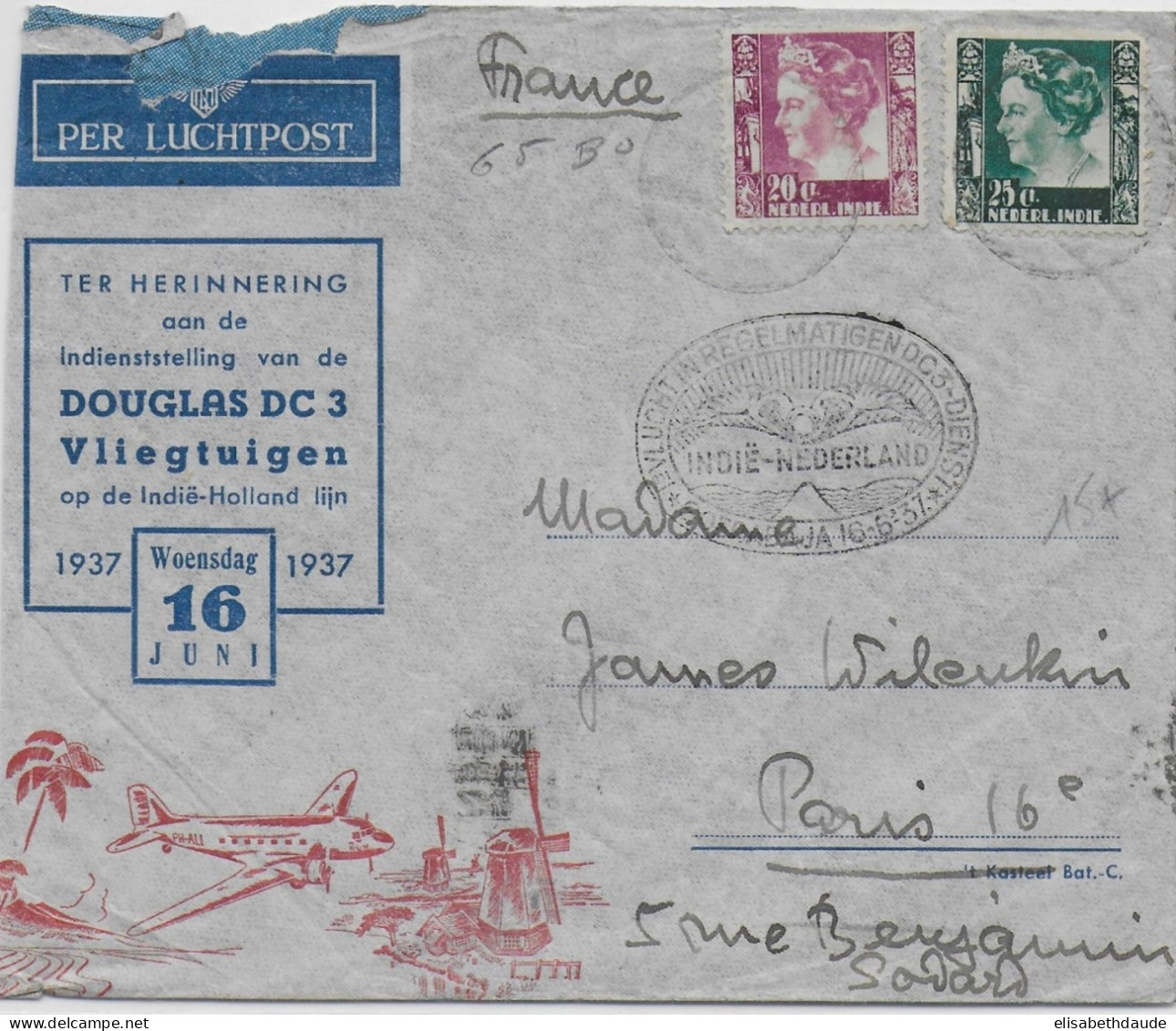 INDIË HOLLAND - 1937 - ENVELOPPE 1° VOL Par AVION DOUGLAS C3 Pour PARIS - Nederlands-Indië