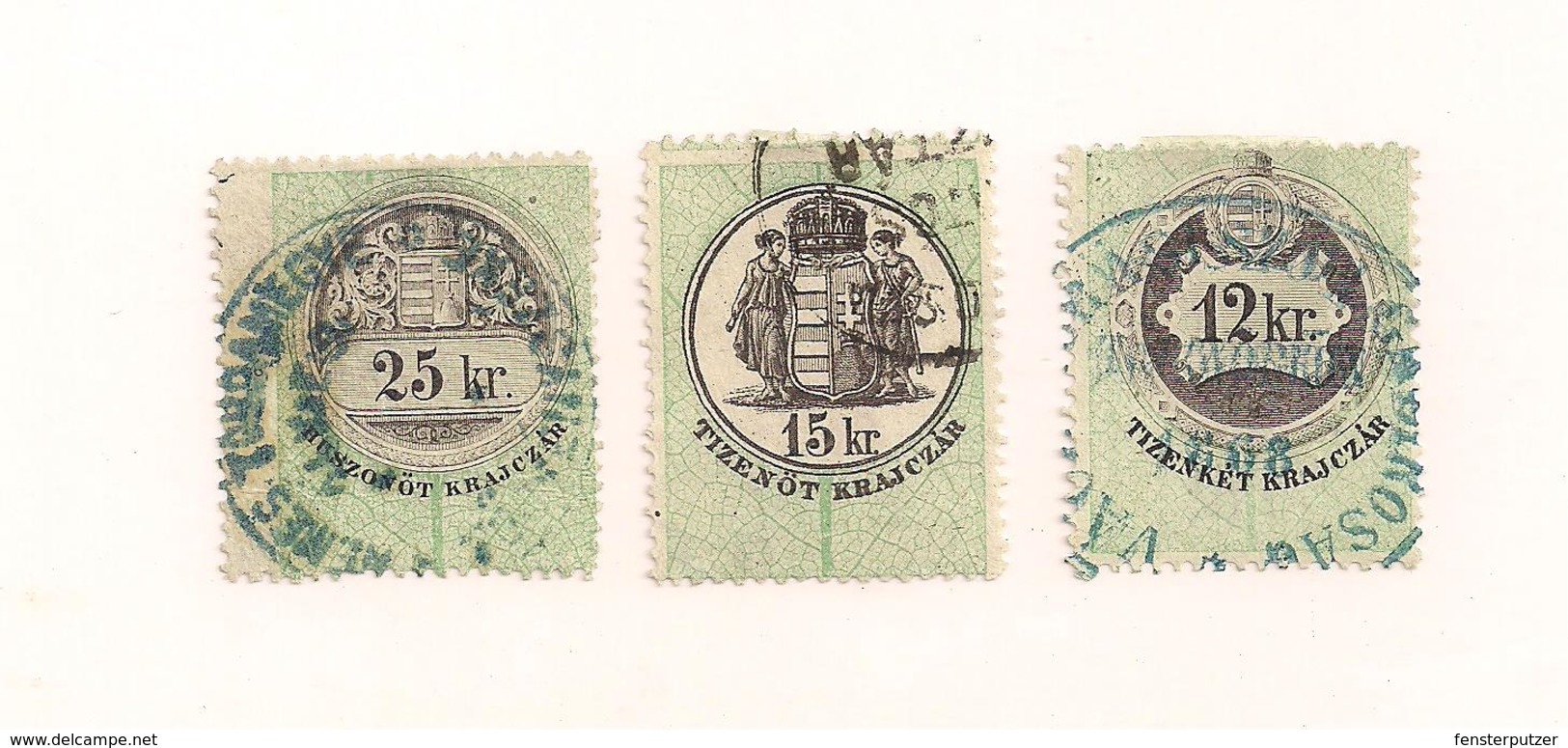 3 Austria Hungary Revenue Urkundenstempelmarken 12,15+25 Kr. - 1.8.1868 - Fiscale Zegels