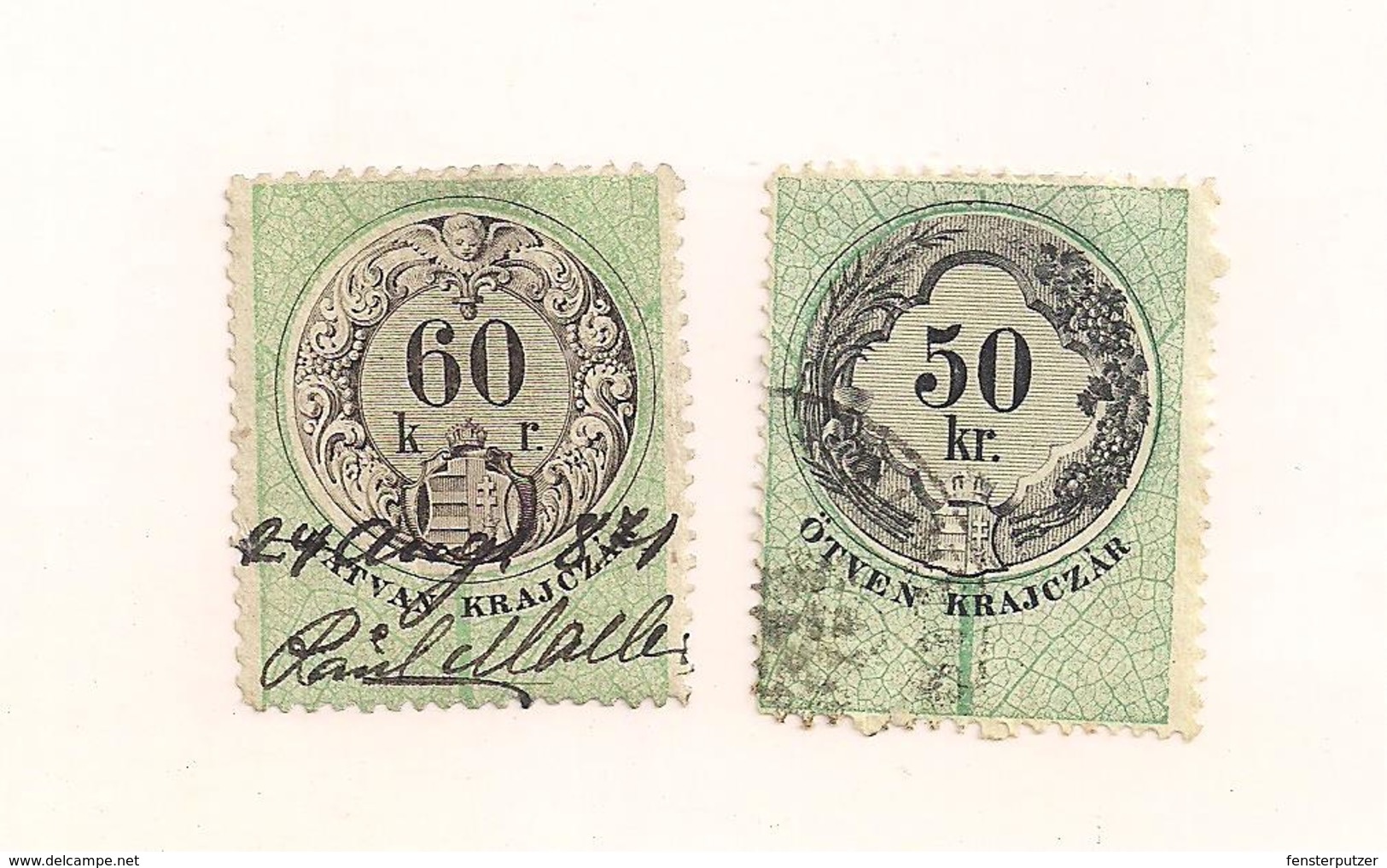 2 Austria Hungary Revenue Urkundenstempelmarken 50+60 Kr. - 1.8.1868 - Fiscale Zegels