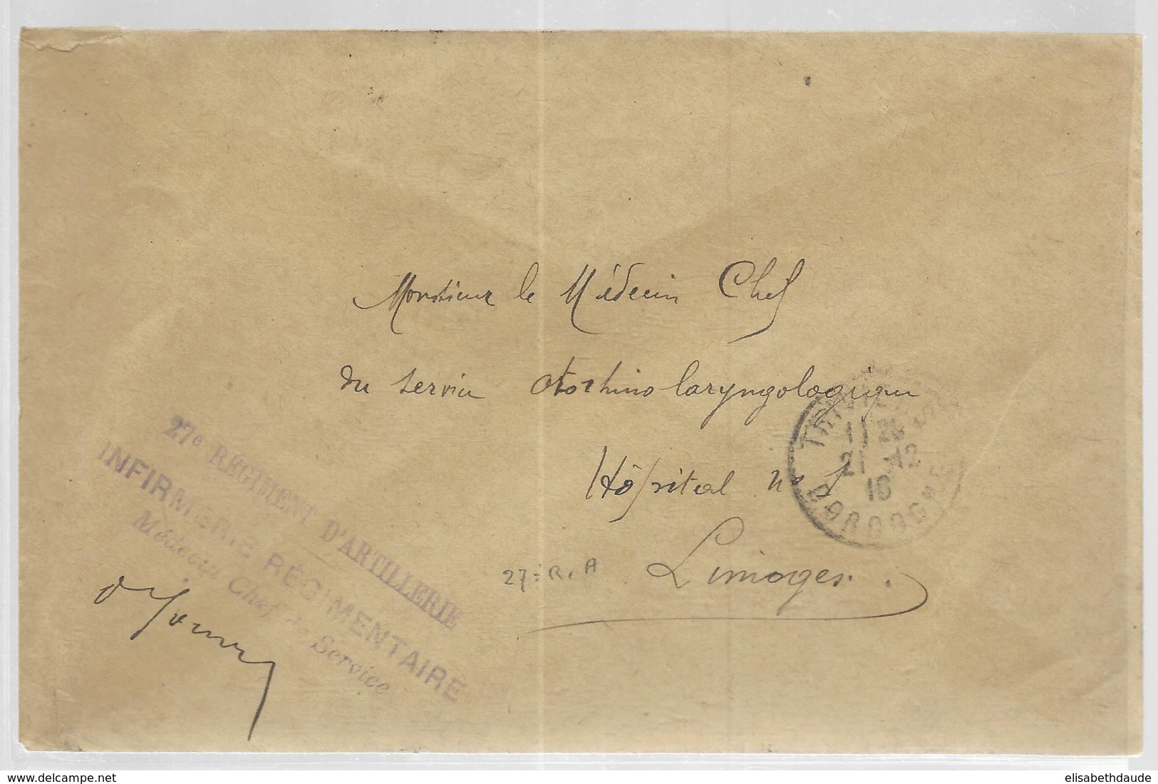 1916 - ENVELOPPE FM De L'INFIRMERIE REGIMENTAIRE Du 27° D'ARTILLERIE à THIVIERS (DORDOGNE) - Guerra Del 1914-18