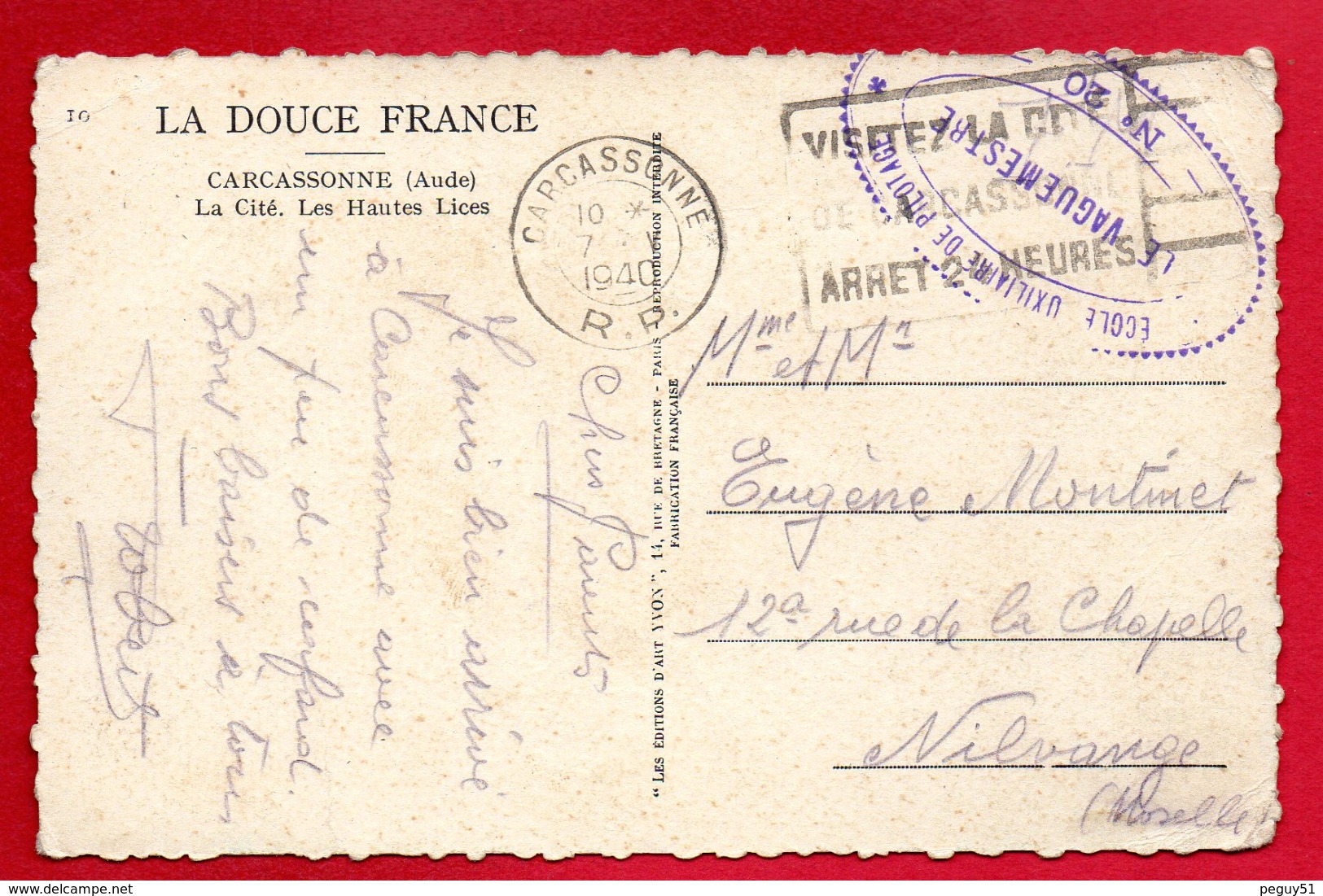 Franchise Militaire. Cachet De L'Ecole Auxiliaire De Pilotage N. 20 - Carcassonne Sur CP Carcassonne Janvier 1940 - Guerre De 1939-45