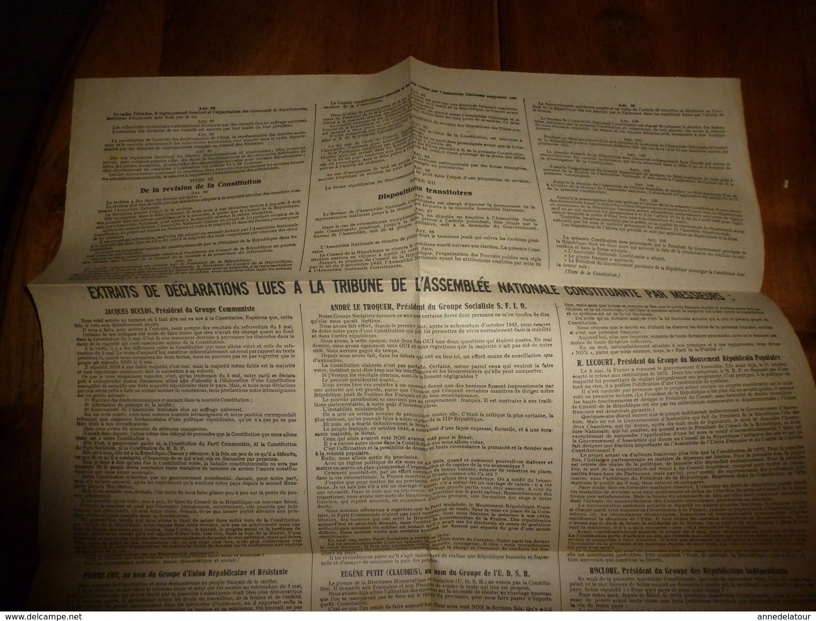 1946 CONSTITUTION De La République Française, Signé:Jacques Duclos(communiste,Pierre Cot (URR),Ferhat Abbas (UDMA),etc - Décrets & Lois