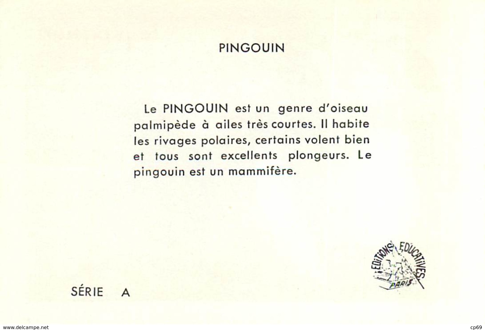 Image Illustrateur Calvet-Rogniat - Série Sur Les Oiseaux - Le Pingouin - Série A - Texte Au Dos - Autres & Non Classés