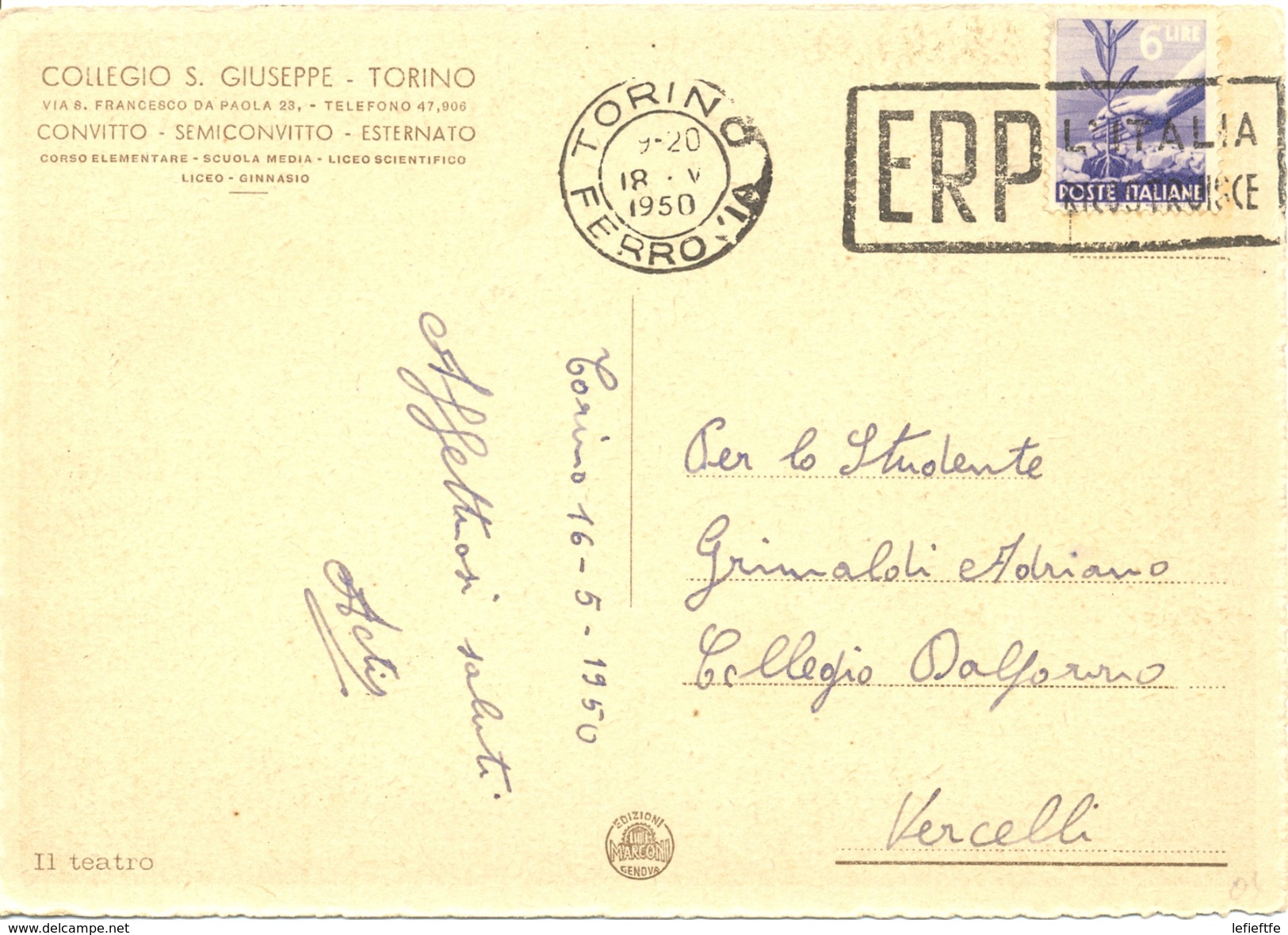 ITALIE - Collegio S. GIUSEPPE TORINO - Il Teatro - Circulée Avec Timbre Et Cachet - 18 Mai 1950 - - Enseignement, Écoles Et Universités