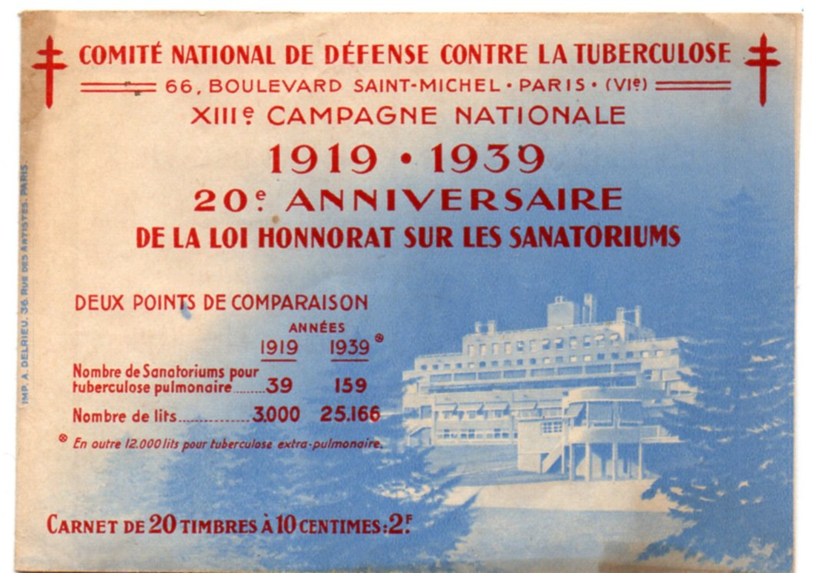 XIIIe Campagne Contre La Tuberculose - 1919 / 1939  20e Anniversaire Loi Sanatoriums - Carnet Banania 8 Timbres - Antituberculeux