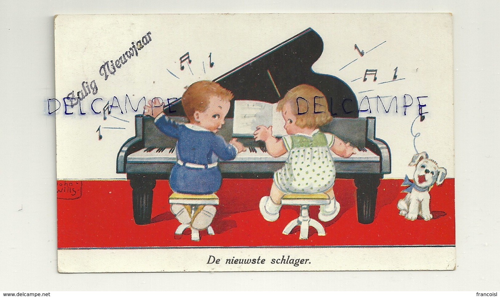 Couple D'enfants Au Piano Et Chien Qui "chante" . 1935. Signée John Wills - Wills, John