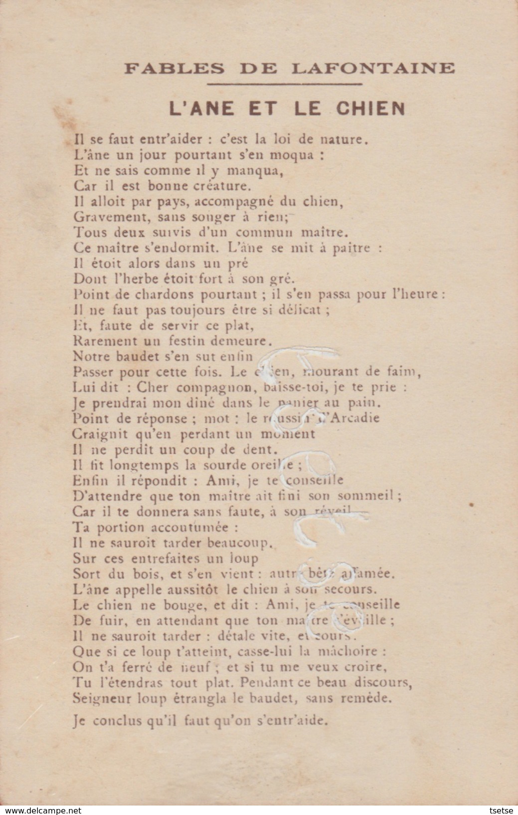 Fable De Jean De Lafontaine - L'Ane Et Le Chien ... Illustré Par Gustave Doré - Texte Au Verso, - Fairy Tales, Popular Stories & Legends