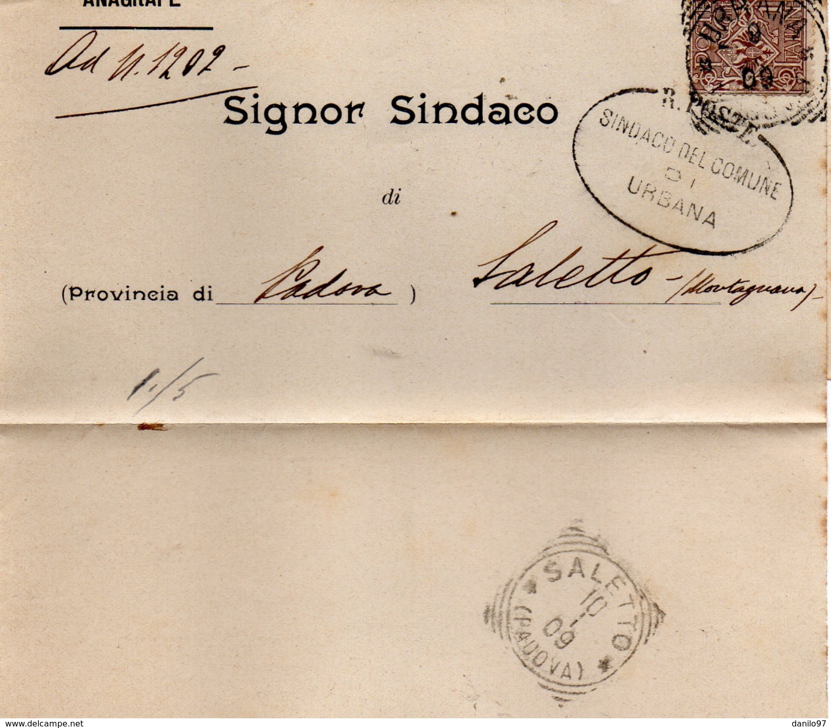 1909 LETTERA CON ANNULLO URBANA PADOVA + SALETTO - Storia Postale
