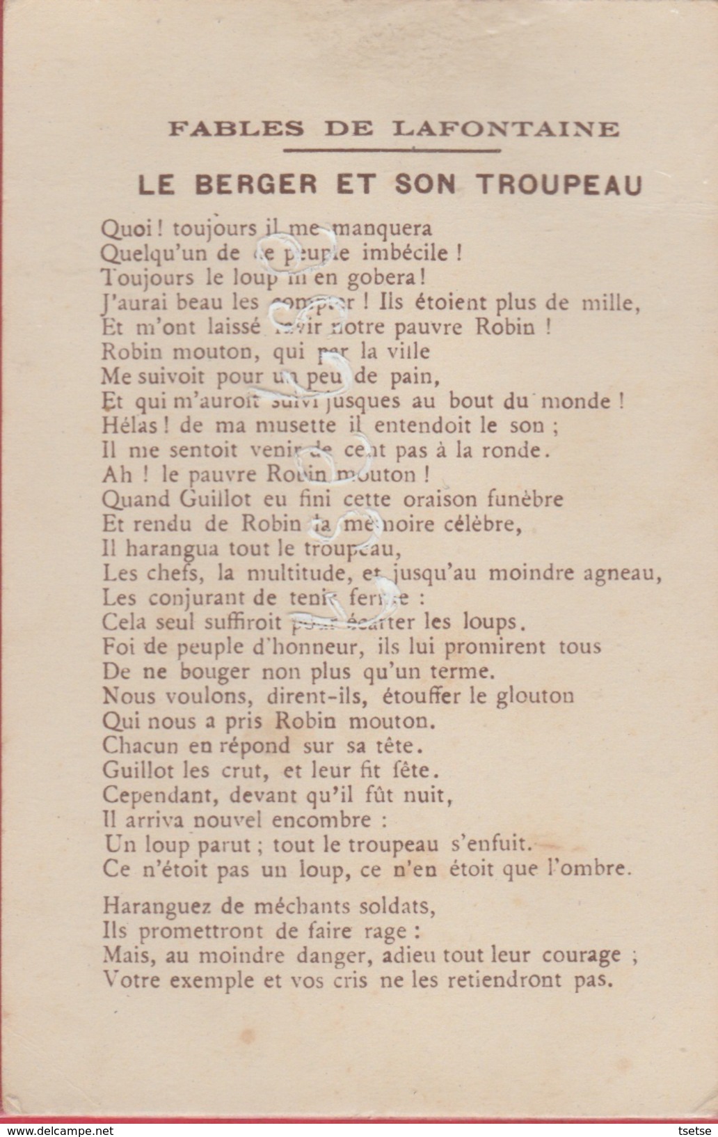 Fable De Jean De La Fontaine ...Le Berger Et Son Troupeau - Illustré Par Gustave Dorè - Texte Au Verso - Fairy Tales, Popular Stories & Legends