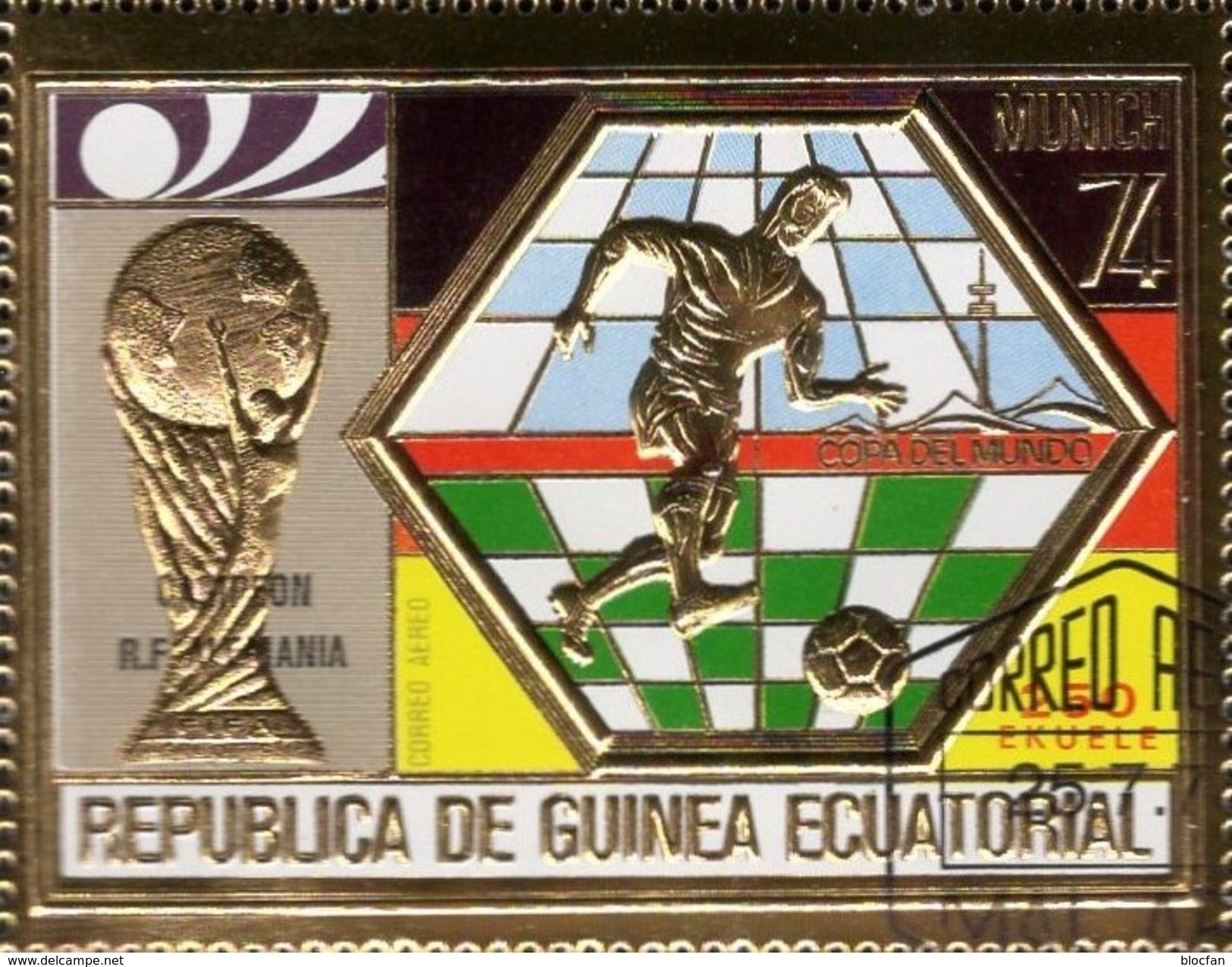 Campeon R.F.ALEMANIA 1974 Äquator.Guinea Bl.124 O 7&euro; Sieg BRD Overprint Bloc Ss Gold Soccer Sheet Bf Ecuator.Africa - Guinée Equatoriale