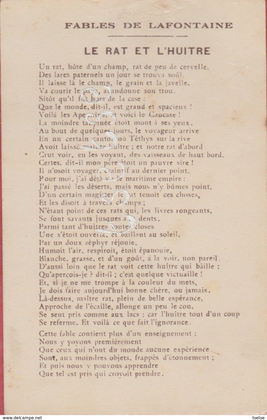 Fable De Jean De La Fontaine ...Le Rat Et L'Huitre - Illustré Par Gustave Dorè - Texte Au Verso - Fairy Tales, Popular Stories & Legends