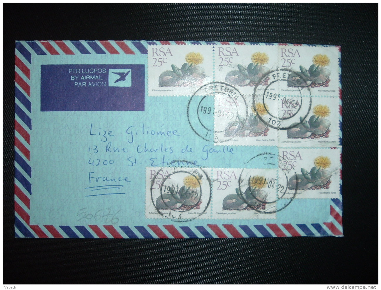 LETTRE Par AVION Pour La FRANCE TP CHEIRIDOPSIS PECULIARIS 25c X8 OBL.1991 04 22 PRETORIA - Lettres & Documents