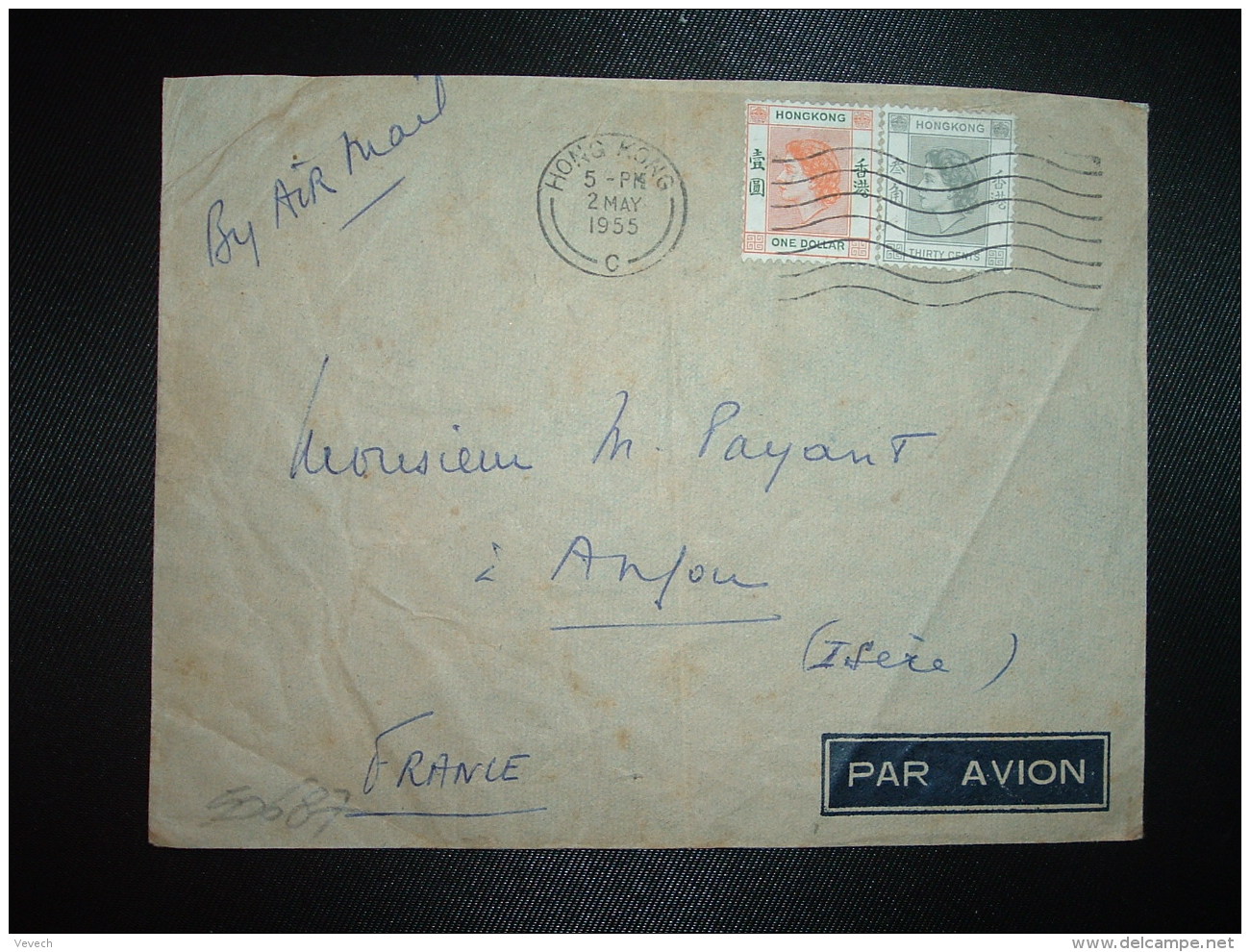 LETTRE Par AVION Pour La FRANCE TP ONE DOLLAR + TP THIRTY CENTS OBL.MEC.2 MAY 1955 HONG KONG + MESSAGERIES MARITIMES - Cartas & Documentos