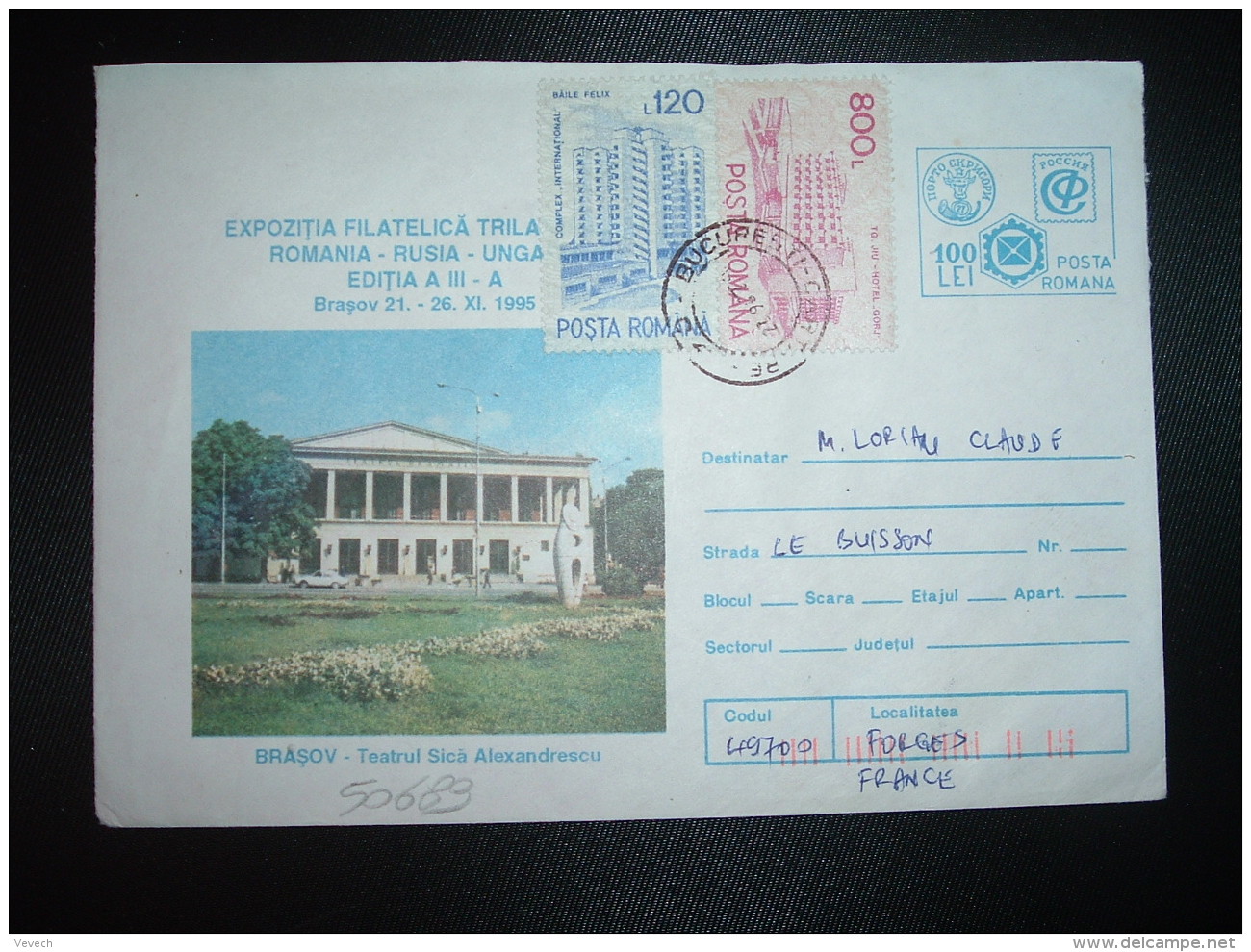 LETTRE ENTIER 100 L + TP 800 L + TP 120 L OBL.BUCURESTI + EXPOZITIA FILATELICA BRASOV 21-6 XI 1995 - Marcophilie