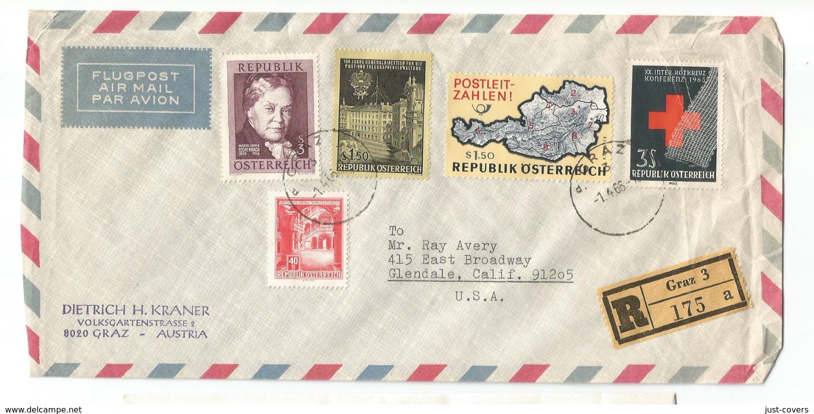 Austria Scott # 689, 752 756, 757, 758. Registered Cover Ganz To Glendale - Covers & Documents