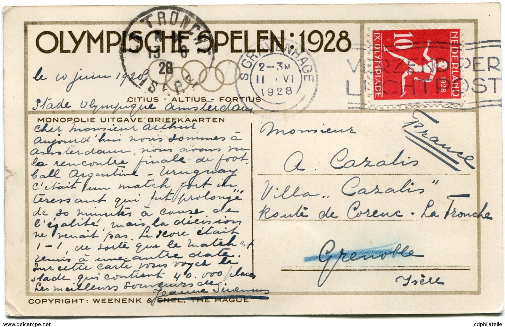 PAYS-BAS CARTE OFFICIELLE DES JEUX OLYMPIQUES DE 1928 DEPART S GRAVENHAGE II-VI 1928 POUR LA FRANCE - Summer 1928: Amsterdam