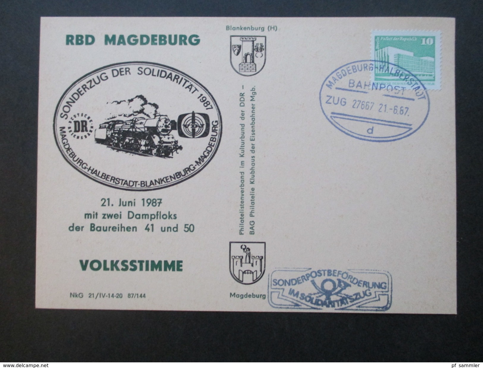 Sonderkarte RBD Magdeburg, Volksstimme, Sonderzug Der Solidarität 1987, Dampfloks Baureihe 41 Und 50 - Treni