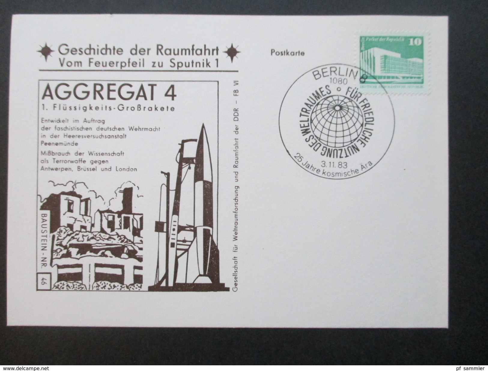 Raumfahrt DDR 1980er Jahre Geschichte Der Raumfahrt 13 Sonderkarte. Vom Feuerpfeil Zu Sputnik 1. Sonderstempel - Europa