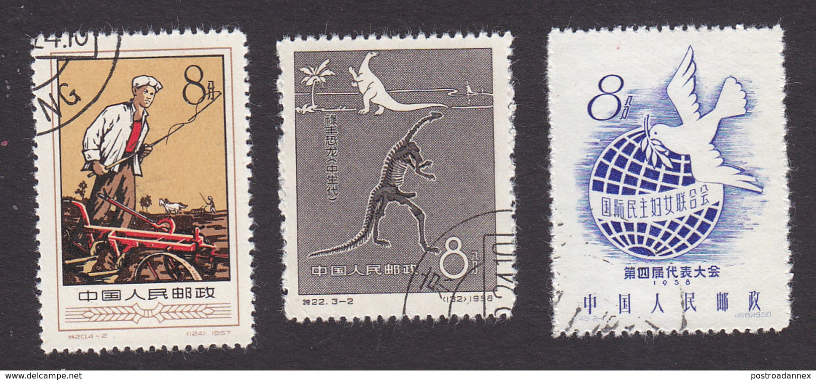 PRC, Scott #331, 342, 349, Used, Plowman, Dinosaur, Dove And Globe, Issued 1957-58 - Usados