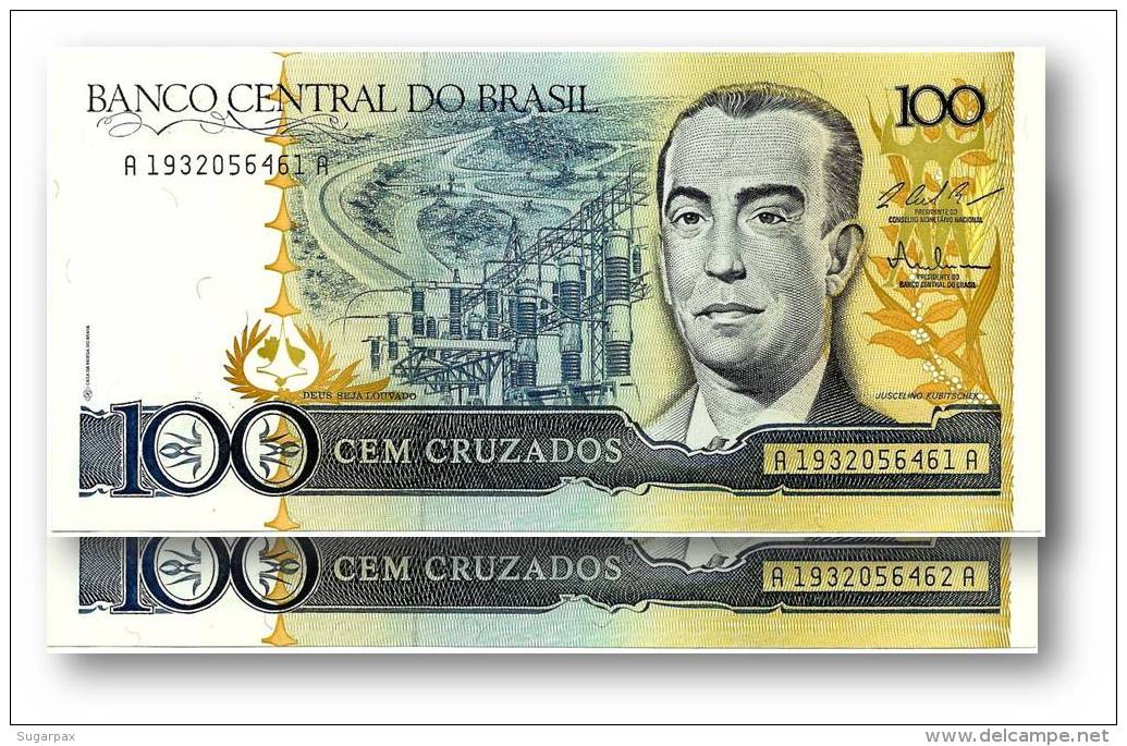 BRASIL - 2 X Consecutive 100 CRUZADOS - ND ( 1987 ) - P 211.c - UNC. - Serie 1932 - Sign. 25 - Juscelino Kubitschek - Brazil