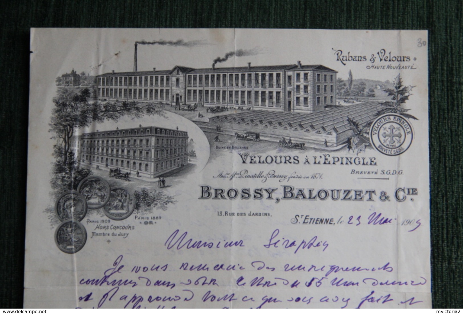 Lettre Ancienne  - ST ETIENNE - Velours à L'Epingle, BROSSY , BALOUZET Et Cie. - 1900 – 1949
