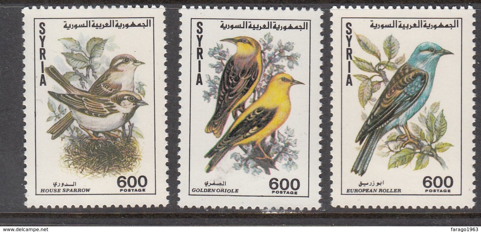 1991 Syria  Birds Oriole Sparrow Roller  Complete Set Of 3 MNH - Siria