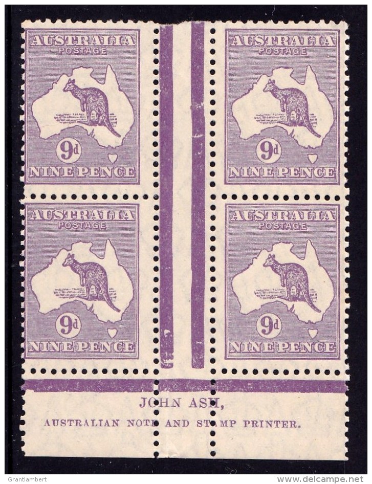 Australia 1929 Kangaroo 9d Violet Small Multi. Wmk Ash Imprint Block Of 4 MNH - Nuovi