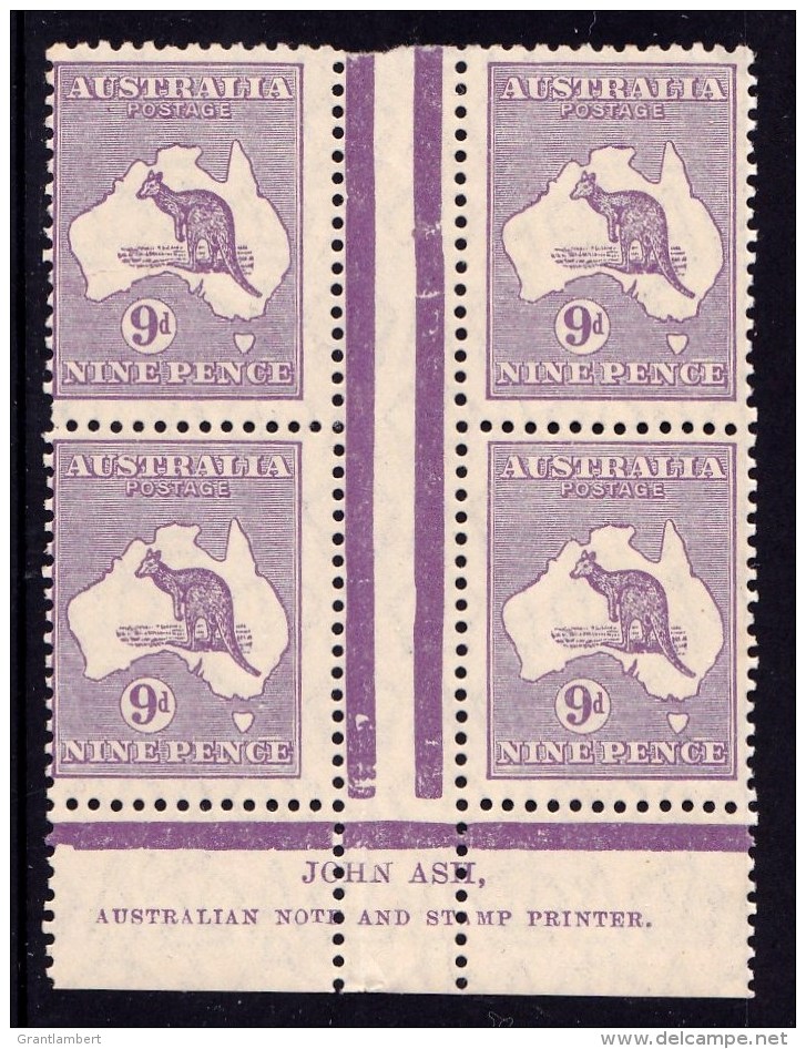 Australia 1929 Kangaroo 9d Violet Small Multi. Wmk Ash Imprint Block Of 4 MNH - Ungebraucht
