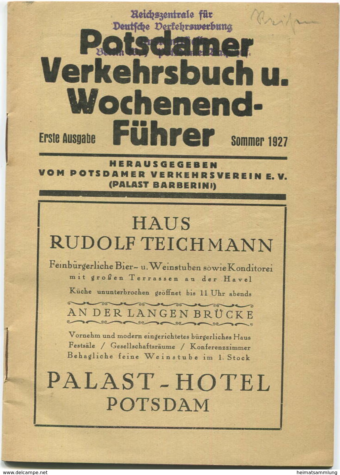 Potsdamer Verkehrsbuch U. Wochenend-Führer - Sommer 1927 - Erste Ausgabe - Herausgeber Potsdamer Verkehrsverein E.V. (Pa - Europa