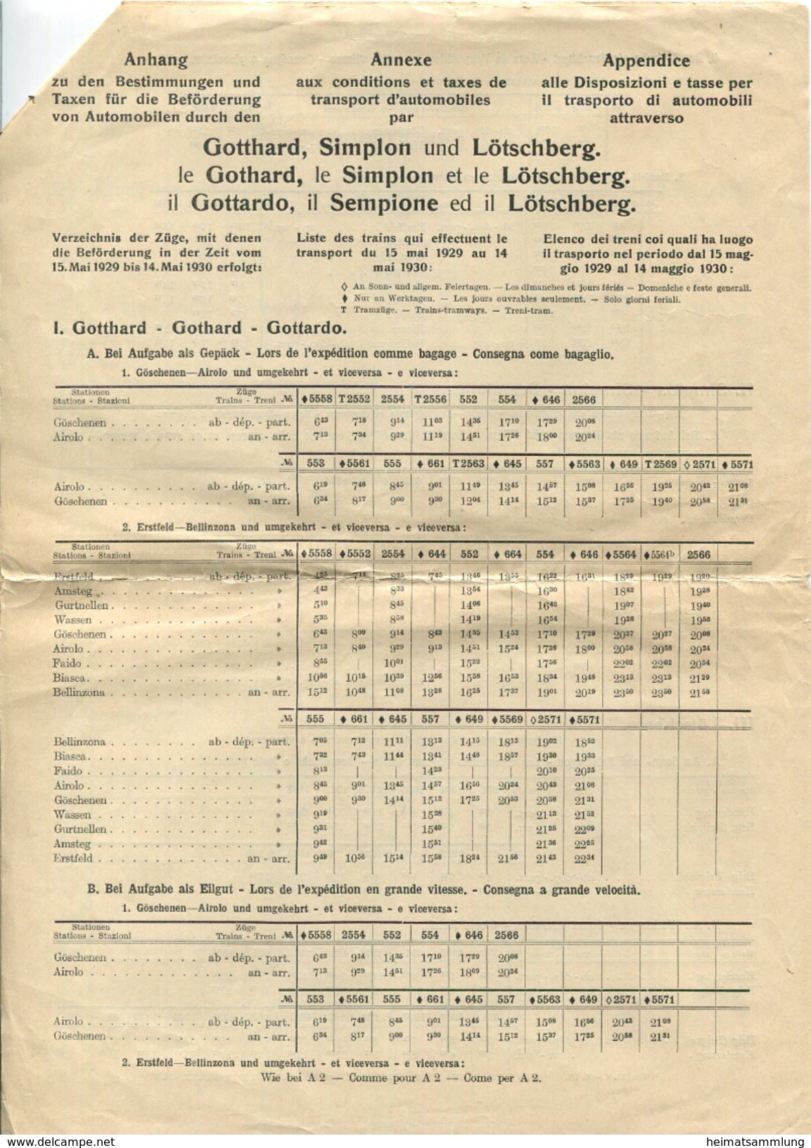 Bestimmungen Und Taxen - Beförderung Von Automobilen Durch Den Gotthard- Simplon- Und Lötschbergtunnel 1929 - 2 DINA4 Se - Europa