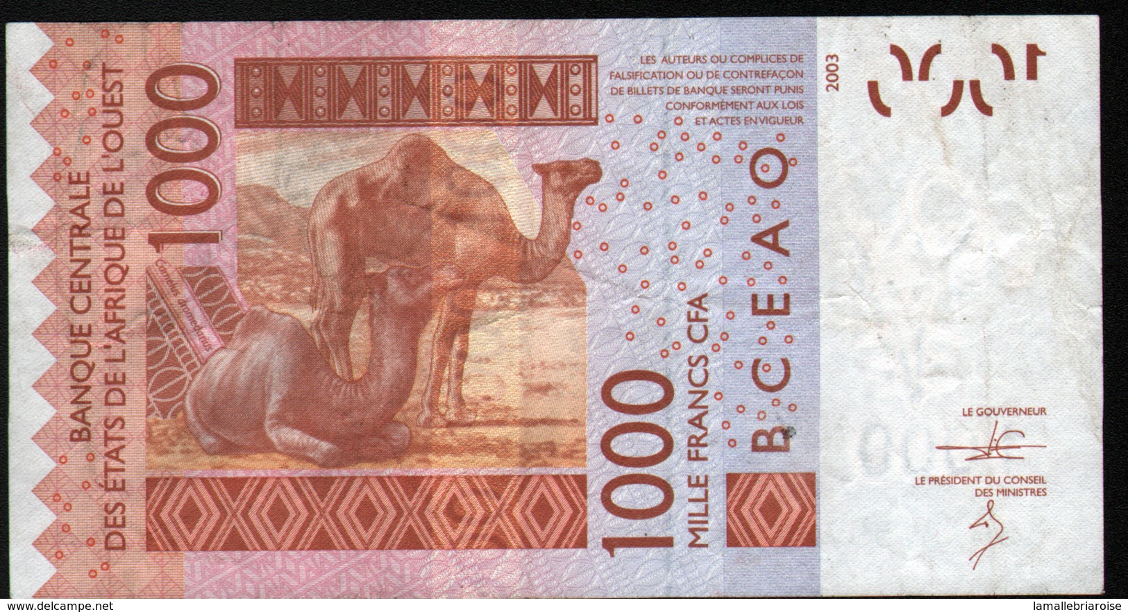 ÉTATS D´AFRIQUE DE L´OUEST 1000 Francs 2003 (lettre K: Sénégal) , Verso Dromadaire - États D'Afrique De L'Ouest