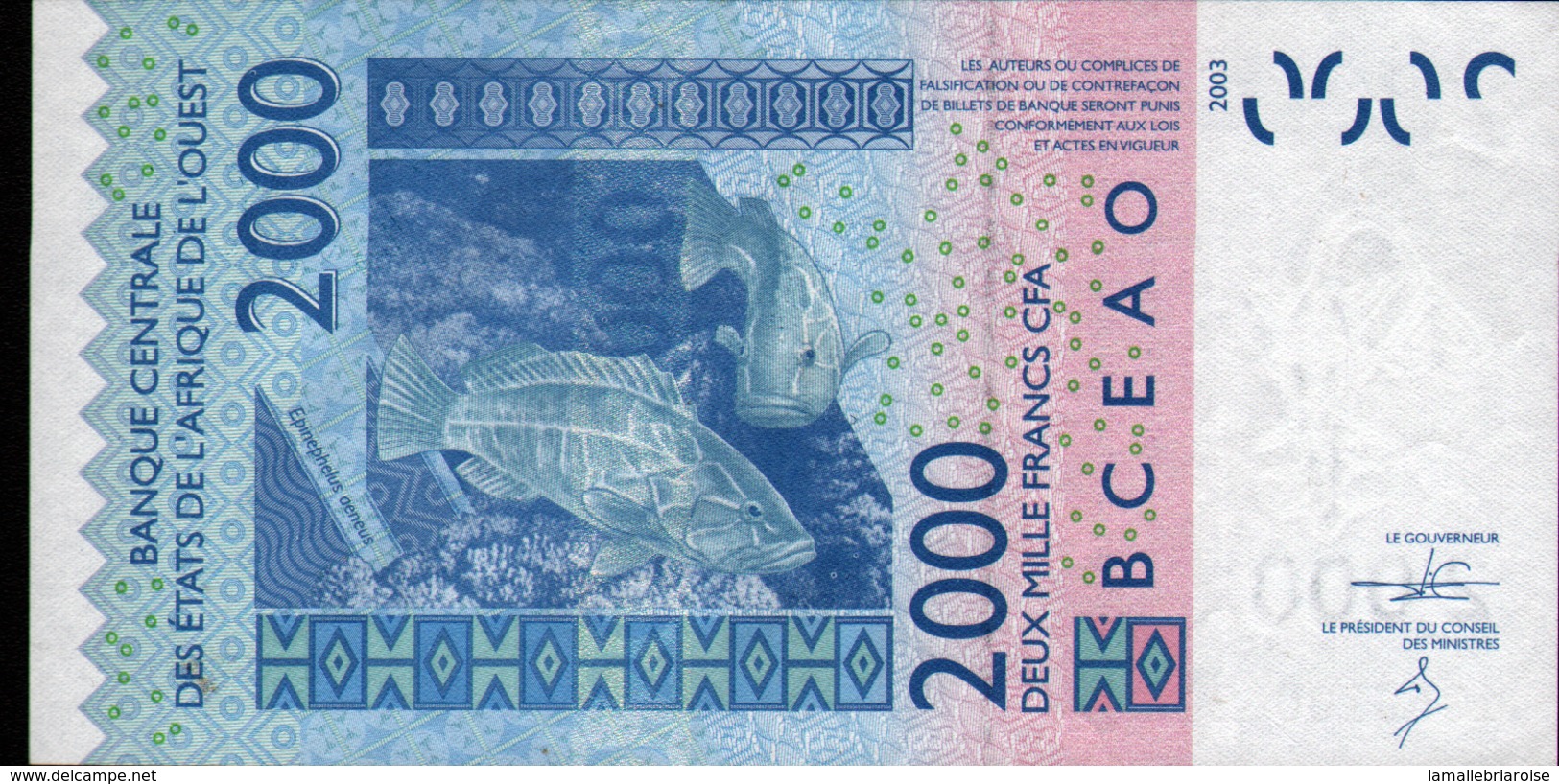 ÉTATS D´AFRIQUE DE L´OUEST 2000 Francs 2003 (lettre K: Sénégal) , Verso Poisson, Neuf, UNC - West African States