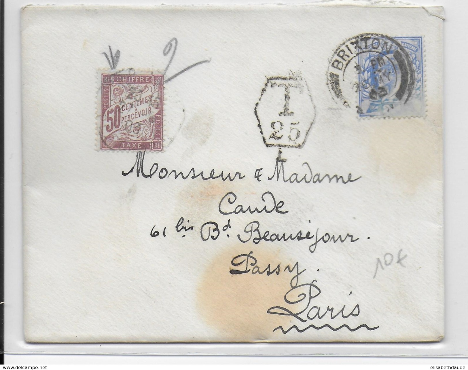 1903 - TAXE DUVAL - LETTRE TAXEE De BRIXTON (GB) Pour PARIS - - Marcofilia