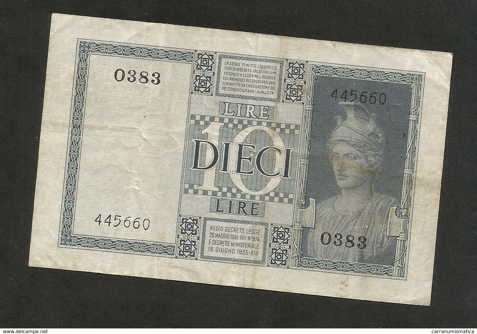 REGNO D´ ITALIA - 10 LIRE IMPERO (Decr. 1938 - Firme: Grassi / Collari / Porena) VITTORIO EMANUELE III - Regno D'Italia – 10 Lire