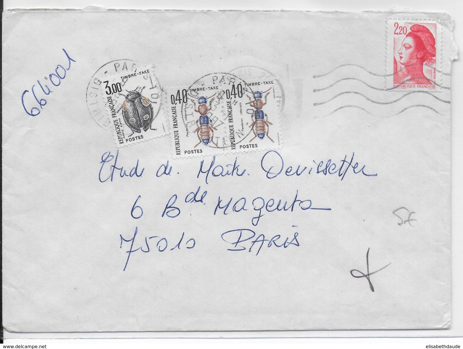 1987 - TAXE "INSECTES" - ENVELOPPE De PARIS Pour PARIS Avec TAXE - 1960-.... Storia Postale