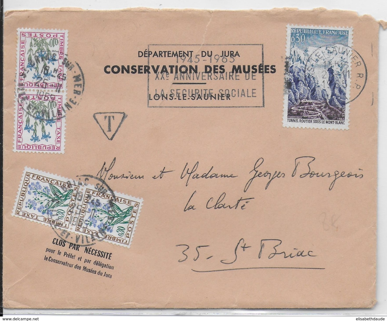 1965 - TAXE "FLEURS" - ENVELOPPE De LONS LE SAUNIER (JURA) Pour ST BRIAC (ILLE ET VILAINE) Avec TAXE - 1960-.... Covers & Documents