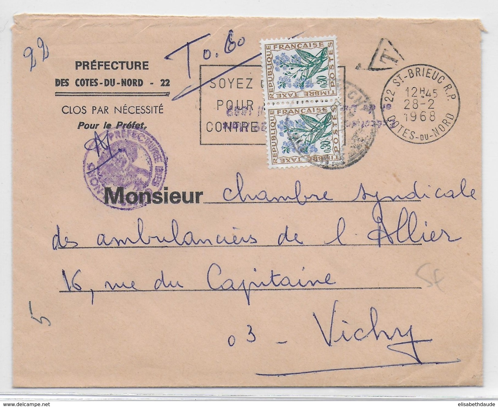 1968 - TAXE "FLEURS" - ENVELOPPE De ST BRIEUC (COTES DU NORD) Pour VICHY Avec TAXE - 1960-.... Covers & Documents