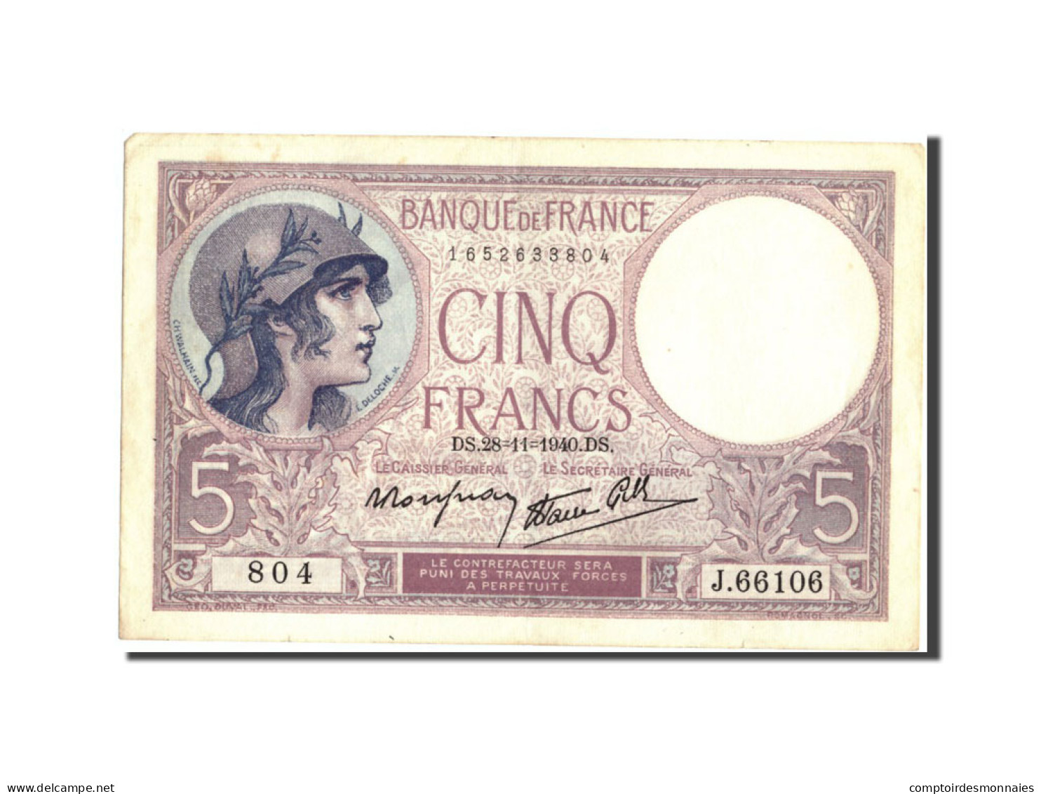 Billet, France, 5 Francs, 5 F 1917-1940 ''Violet'', 1940, 1940-11-28, TTB+ - 5 F 1917-1940 ''Violet''
