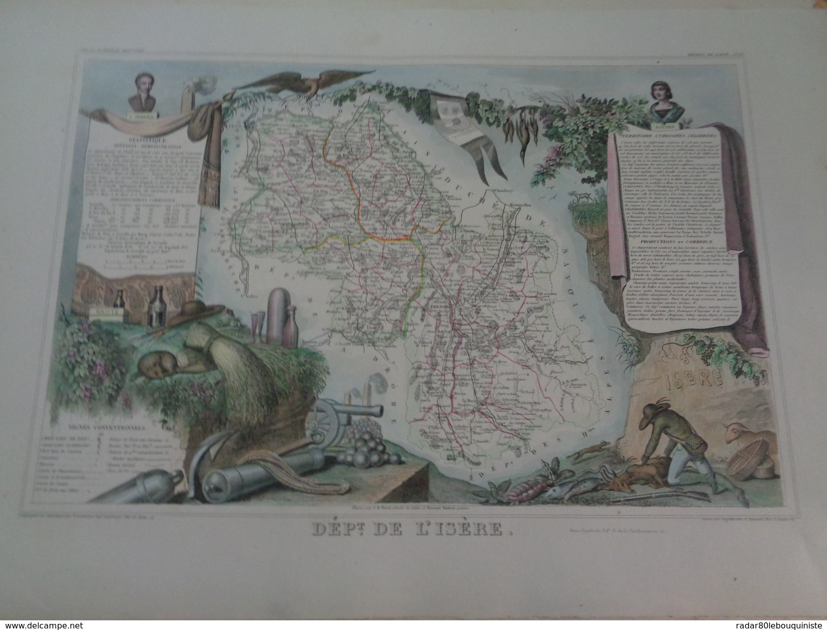 Carte Levasseur.Département De L'Isère.planche 53 X 36 Cm.1849.rehaussée En Couleurs.gravée Par Laguillermie - Mapas Geográficas