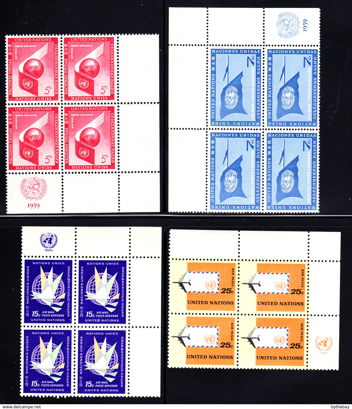 United Nations NY MNH 1957-1977 Collection Of 15 Different Airmails In Corner Blocks Of 4 - Poste Aérienne